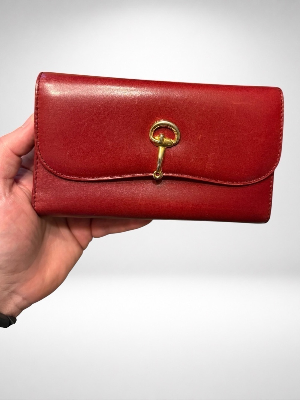 Gucci Vintage Authentic Red Leather Wallet Chain Crossbody Clutch Horsebit COA - Picture 4 of 16